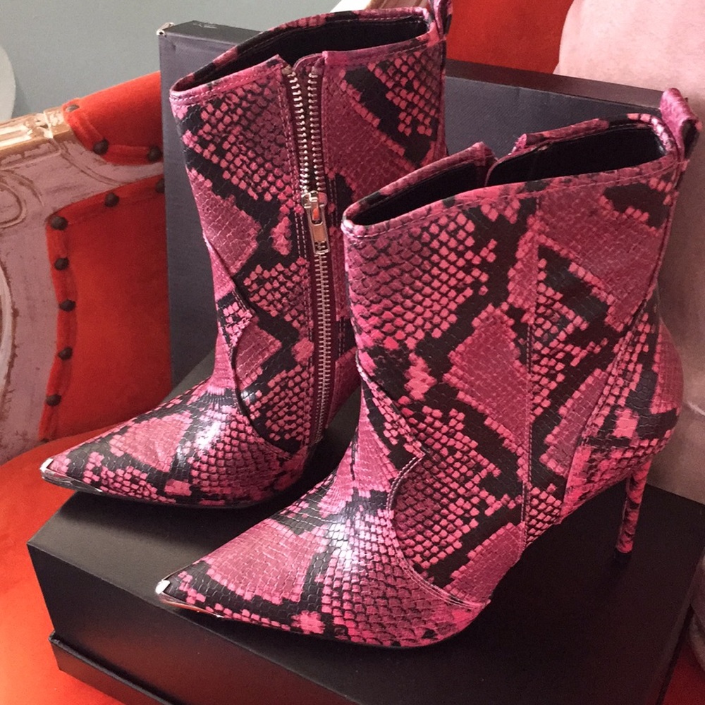 Steve Madden Pink and Black Snake Print Heeled Ankle Boots